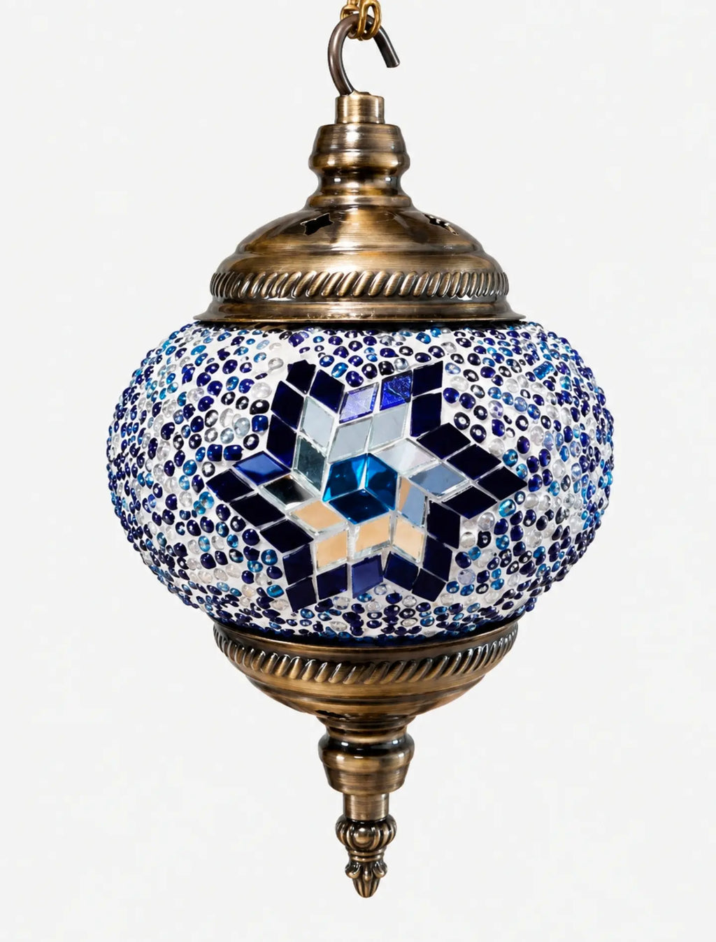 Lampe lune mosaïque bleue – vue suspendue fond sombre – Mosaic Dream