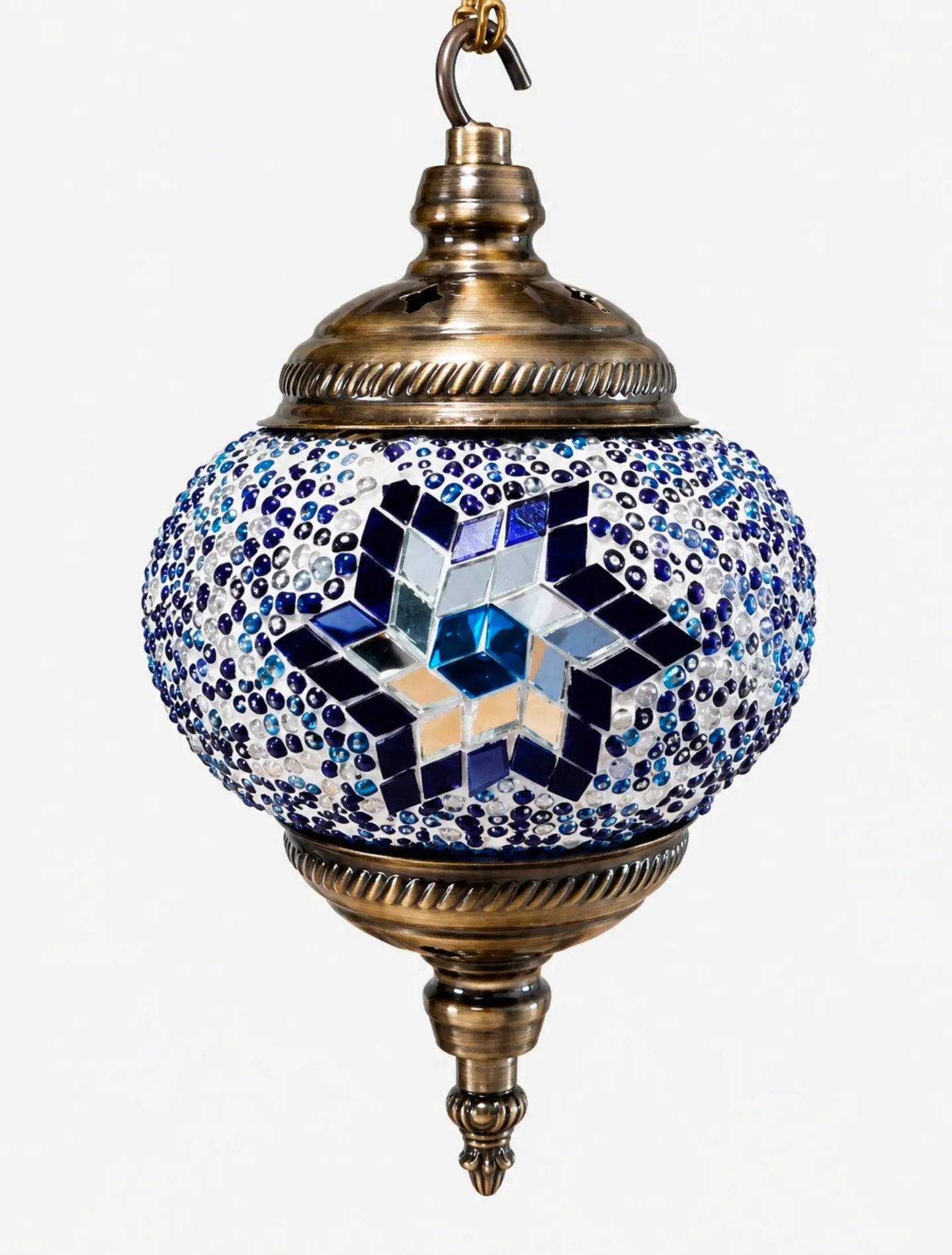Lampe lune mosaïque bleue – vue suspendue fond sombre – Mosaic Dream