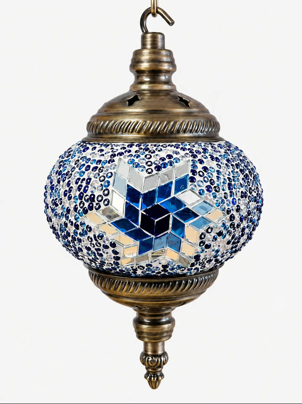 Lampe lune mosaïque bleue – vue suspendue fond blanc 2 – Mosaic Dream