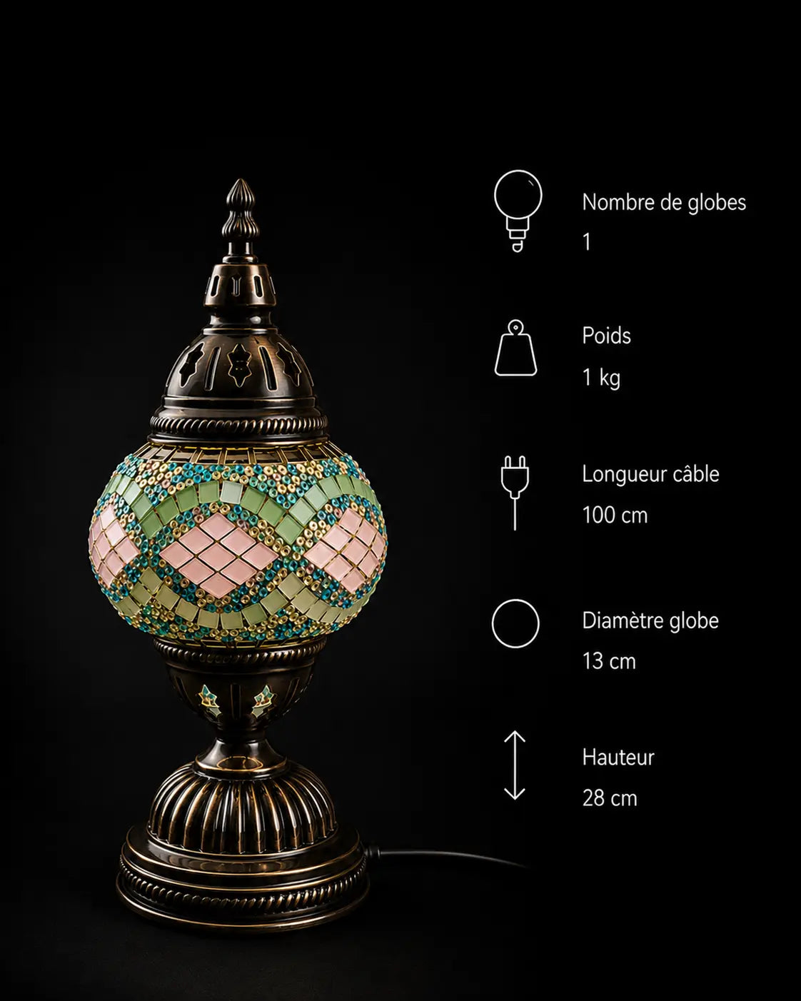 Lampe Mosaïque Bleue et Rose Mosaic Dream – caractéristiques techniques : 1 globe, poids 1 kg, câble 100 cm, diamètre globe 13 cm, hauteur 28 cm