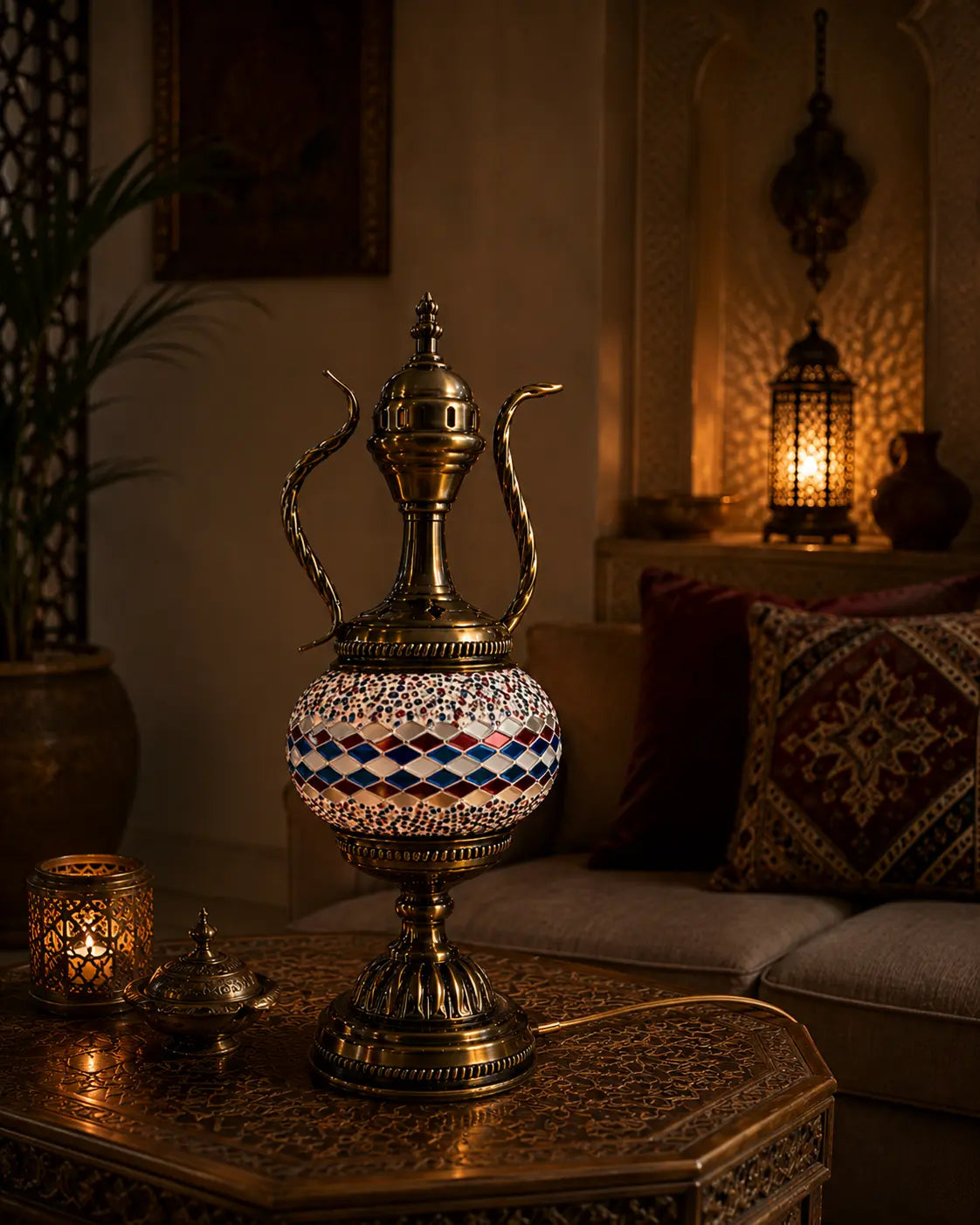 Lampe teapot mosaïque rouge et bleue – salon oriental ambiance nuit – Mosaic Dream