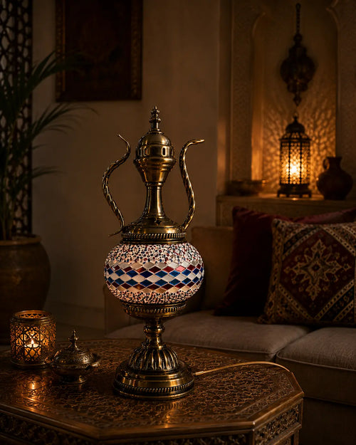 Lampe teapot mosaïque rouge et bleue – salon oriental ambiance nuit – Mosaic Dream