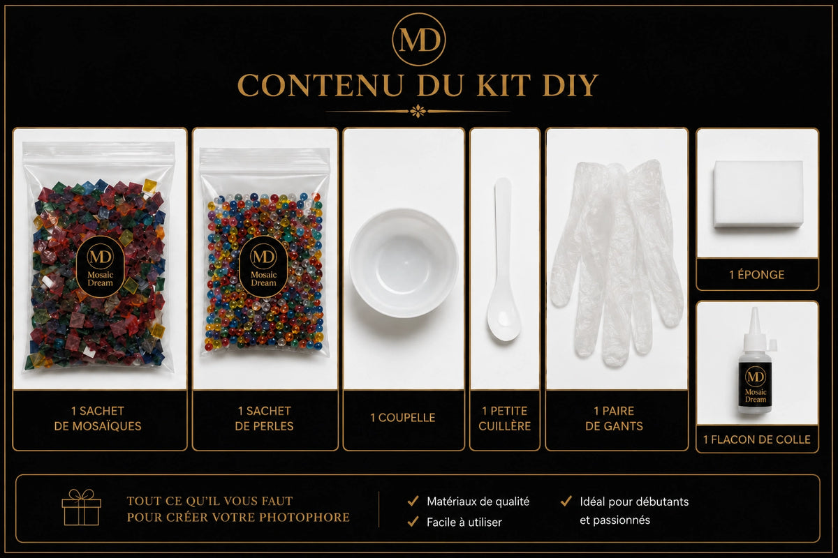 Contenu du kit DIY photophore mosaïque Mosaic Dream avec matériaux et accessoires