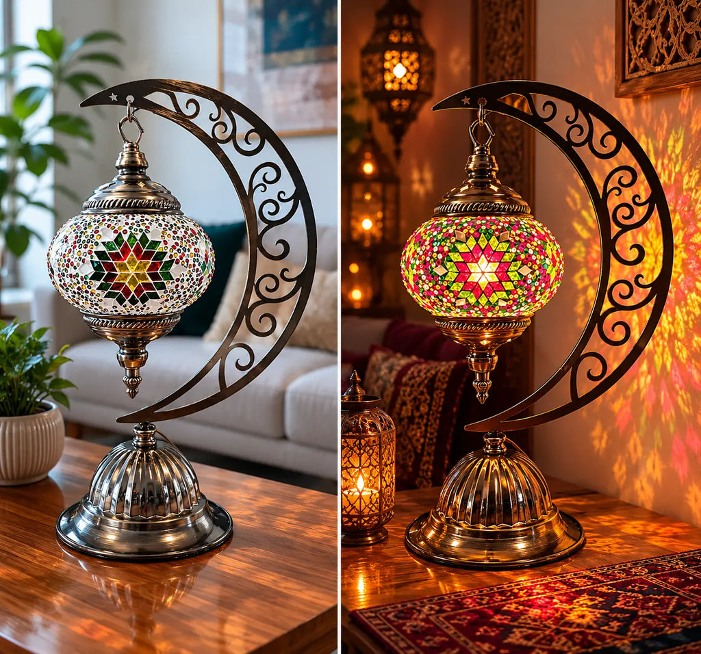 Lampe lune mosaïque couleurs chaudes – rendu ambiance généré – Mosaic Dream