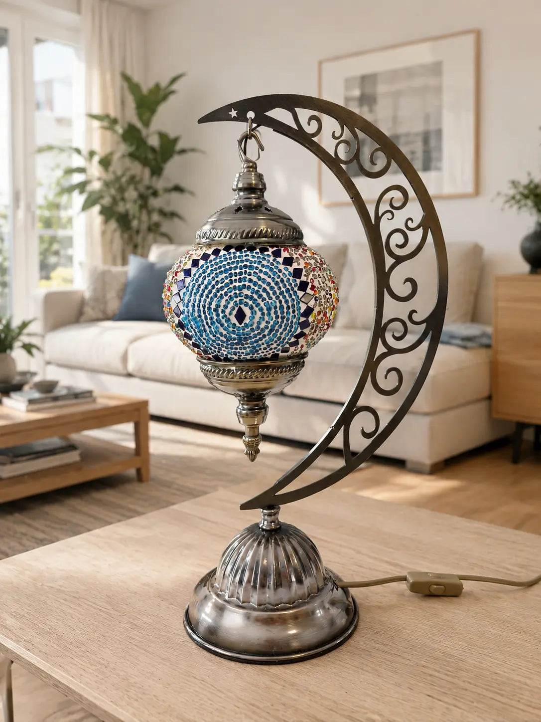 Lampe lune mosaïque bleue spirale – salon moderne ambiance lumineuse – Mosaic Dream
