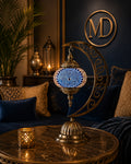 Lampe lune mosaïque bleue spirale – salon oriental ambiance nuit logo MD – Mosaic Dream
