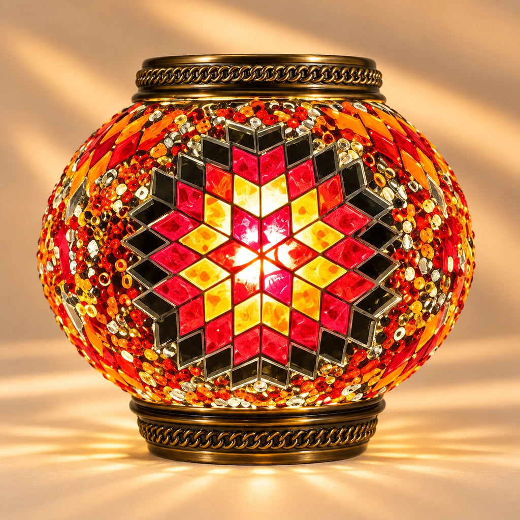 Lampe mosaïque orientale à 3 globes avec détails rouges et dorés et caractéristiques