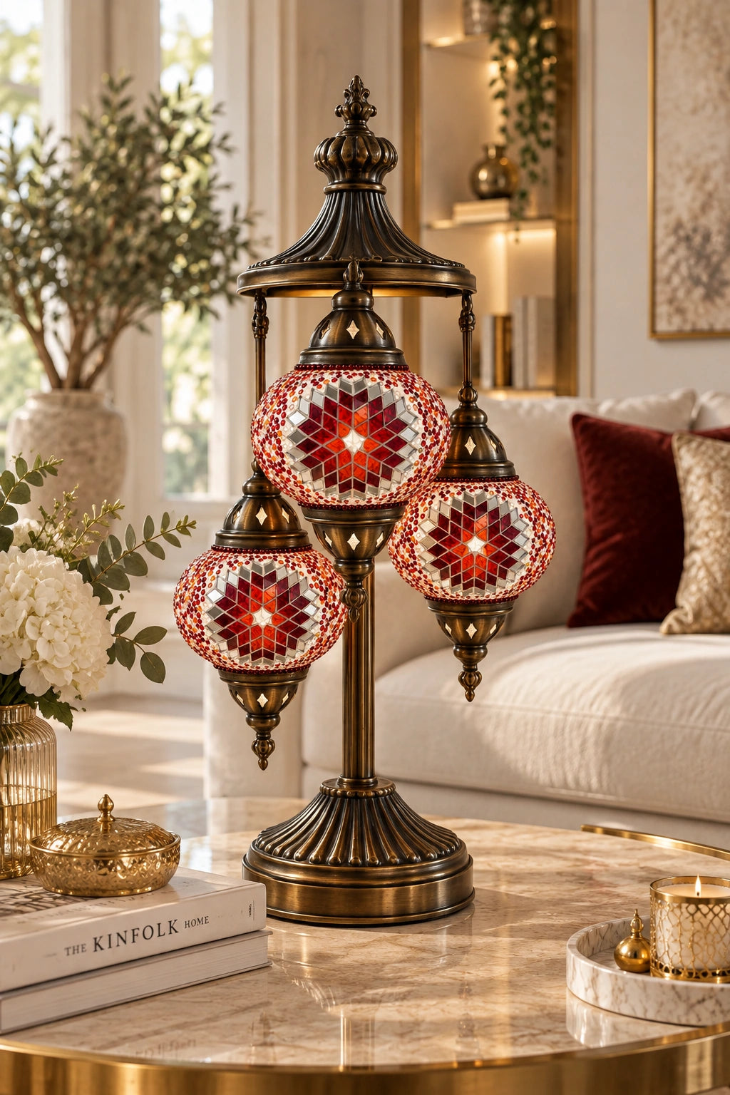 Lampe mosaïque à 3 globes éteinte avec motifs rouges, dorés et miroirs