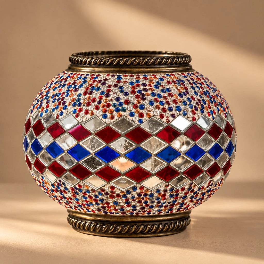Globe lampe mosaïque rouge bleu et miroir éteint avec motifs géométriques