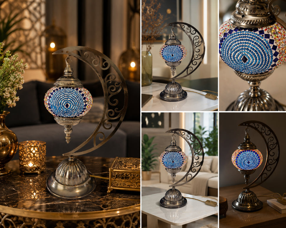 Lampe lune mosaïque bleue spirale – collage vues multiples ambiance – Mosaic Dream