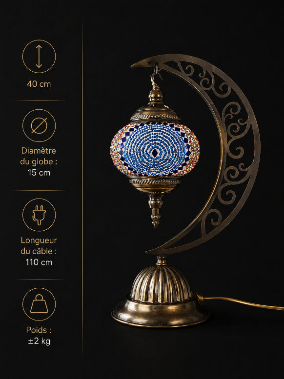 Lampe lune mosaïque bleue spirale – dimensions et caractéristiques fond noir – Mosaic Dream