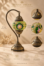 Lampe mosaïque artisanale vert jaune rose avec hauteur de 37 cm et globe de 13 cm – Mosaic Dream