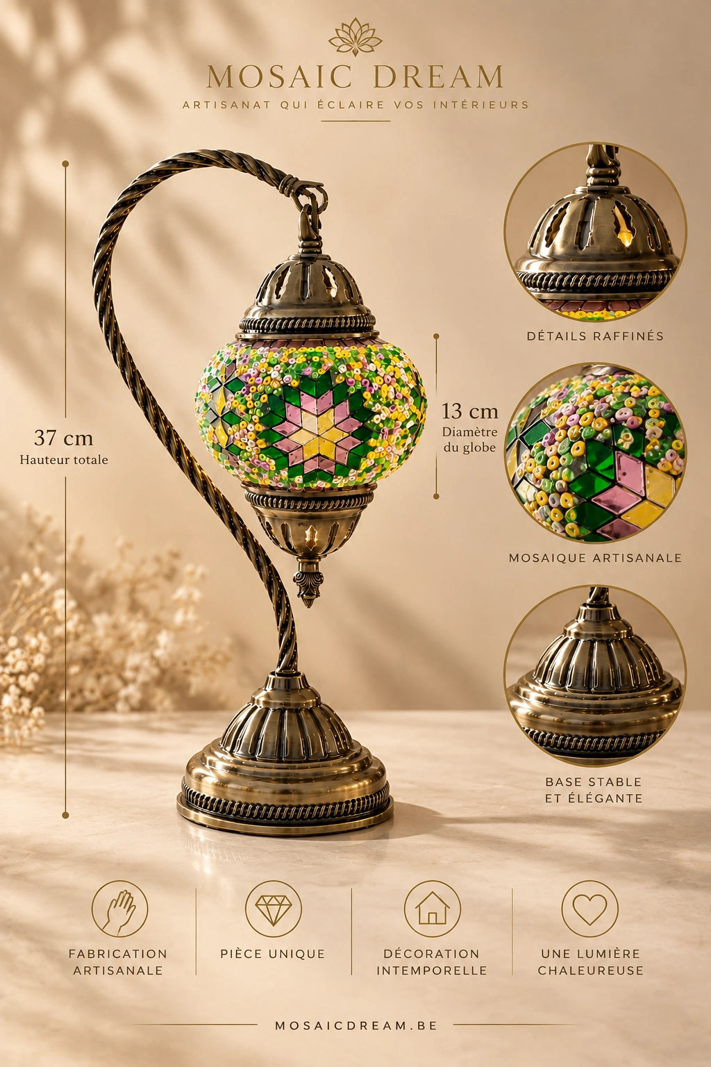 Lampe mosaïque artisanale vert jaune rose avec hauteur de 37 cm et globe de 13 cm – Mosaic Dream