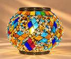 Globe lampe mosaïque bleu turquoise et multicolore avec motifs géométriques