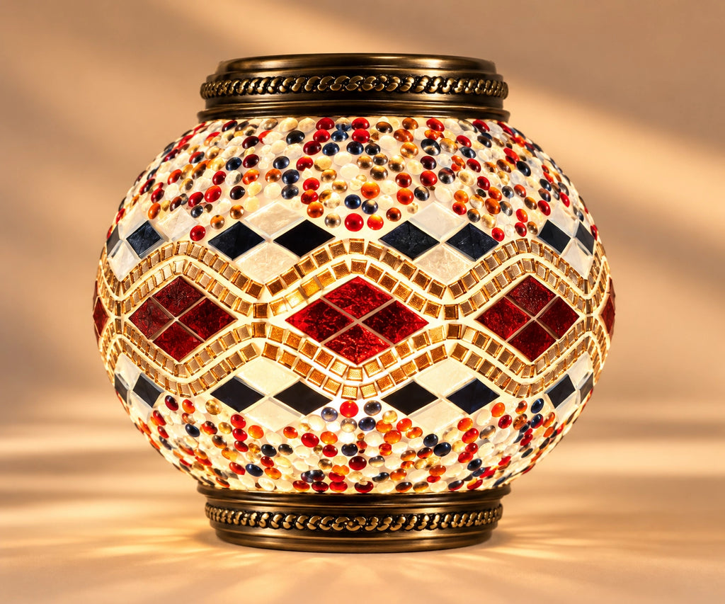 Globe lampe mosaïque blanc et rouge avec motifs géométriques et détails dorés