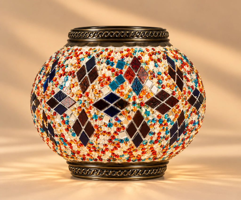 Globe lampe mosaïque blanc et multicolore avec motifs géométriques rouges et bleus