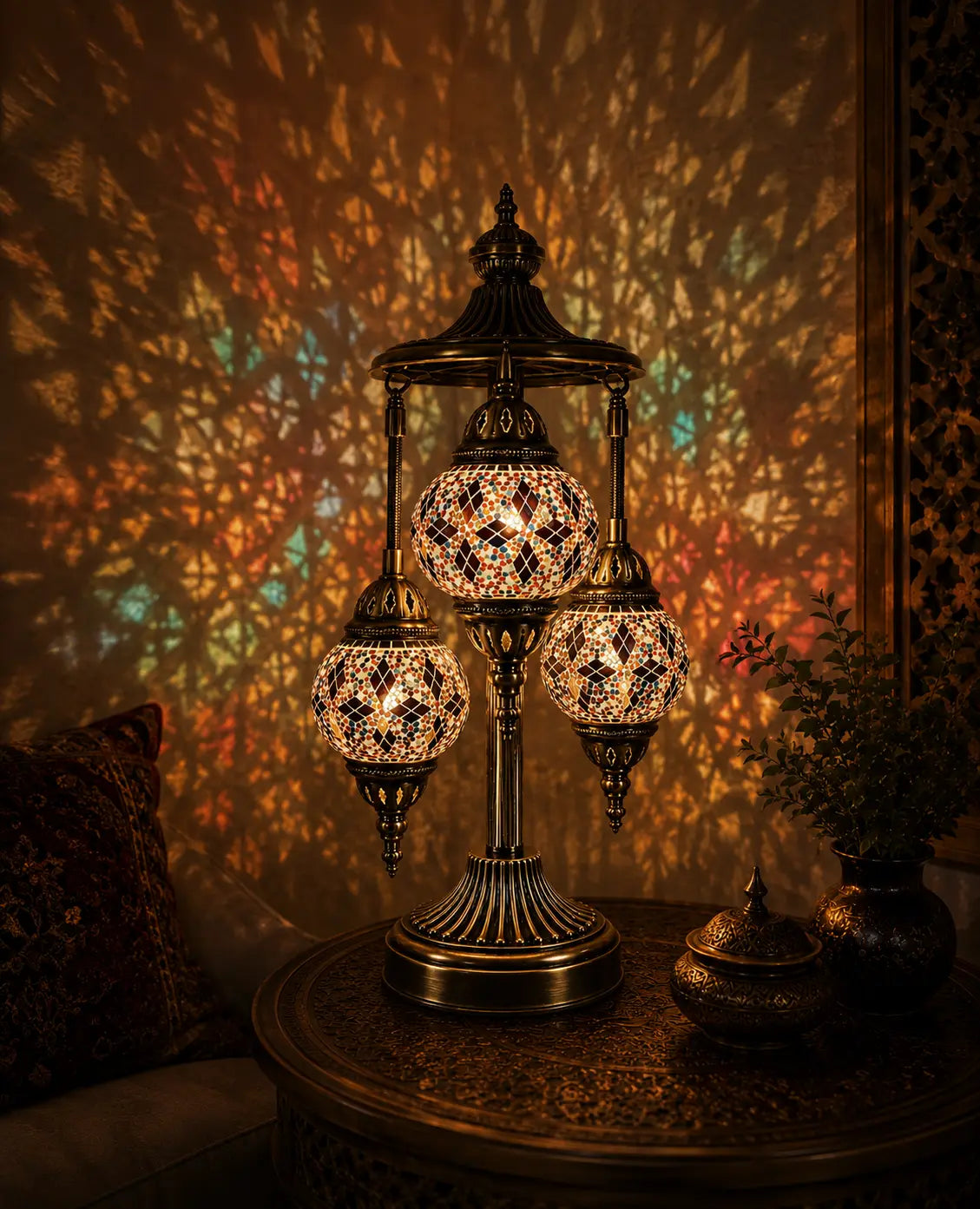 Lampe mosaïque 3 globes multicolore – fond fleuri ambiance orientale – Mosaic Dream