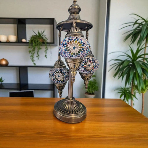 Lampe 3 globes bleue ambre mosaïque artisanat authentique