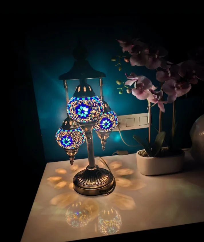 Lampe mosaïque turque 3 globes bleue artisanale faite main