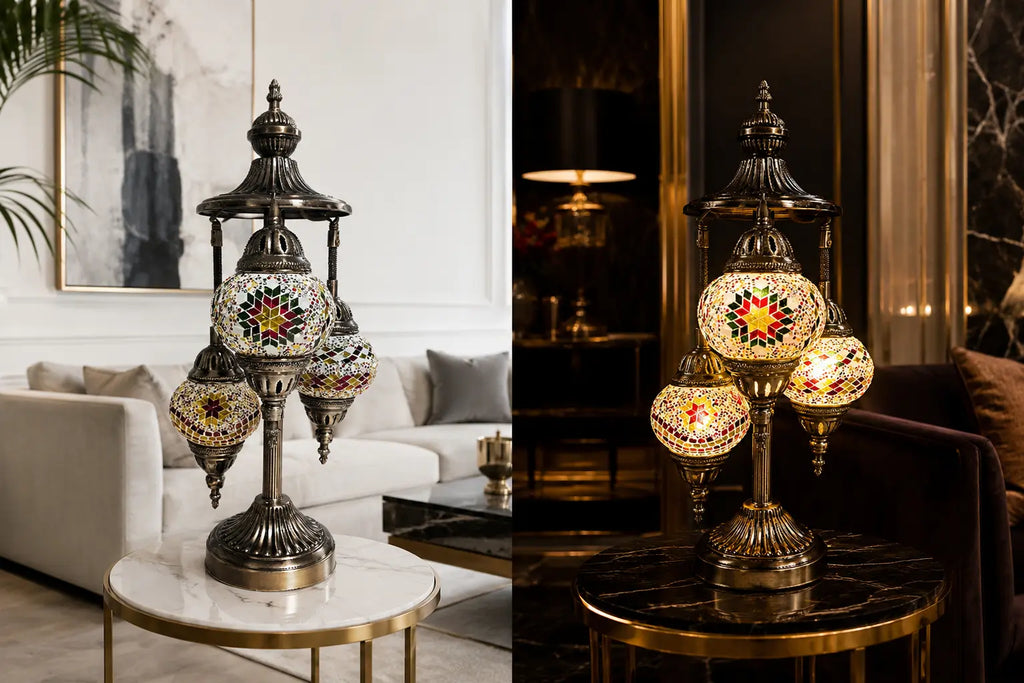 Lampe mosaïque 3 globes multimotifs – vue diptyque – Mosaic Dream