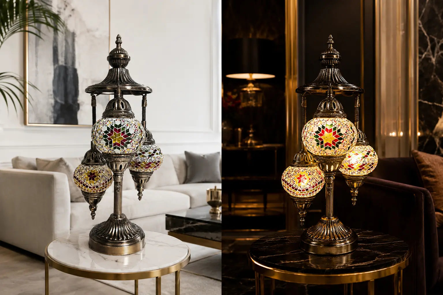 Lampe mosaïque 3 globes multimotifs – vue diptyque – Mosaic Dream