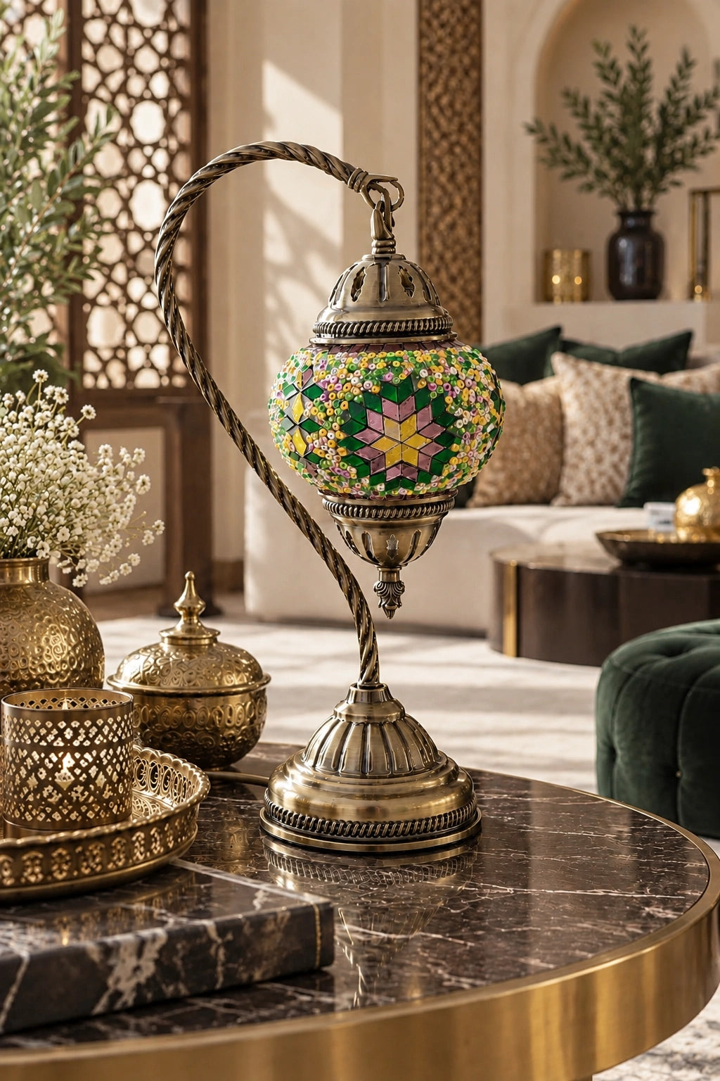 Lampe mosaïque artisanale vert jaune rose éteinte dans un intérieur lumineux – Mosaic Dream