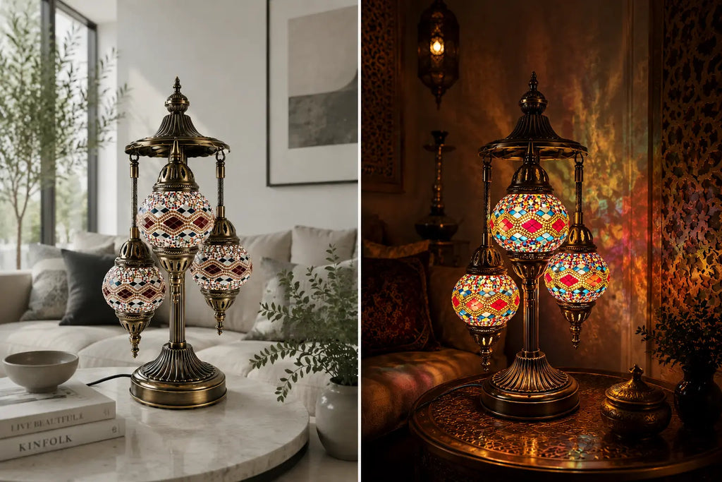 Lampe mosaïque 3 globes rouge et or – diptyque salon oriental jour et nuit – Mosaic Dream