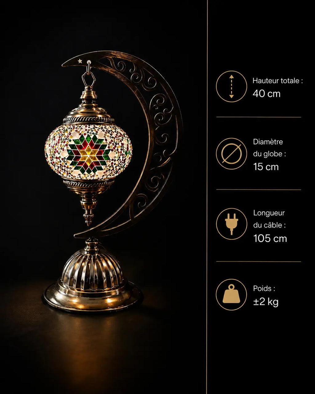 Lampe mosaïque couleurs chaudes – caractéristiques fond sombre – Mosaic Dream