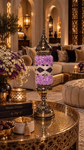 Lampe mosaïque mauve et argent artisanale dans un salon oriental luxueux – Mosaic Dream