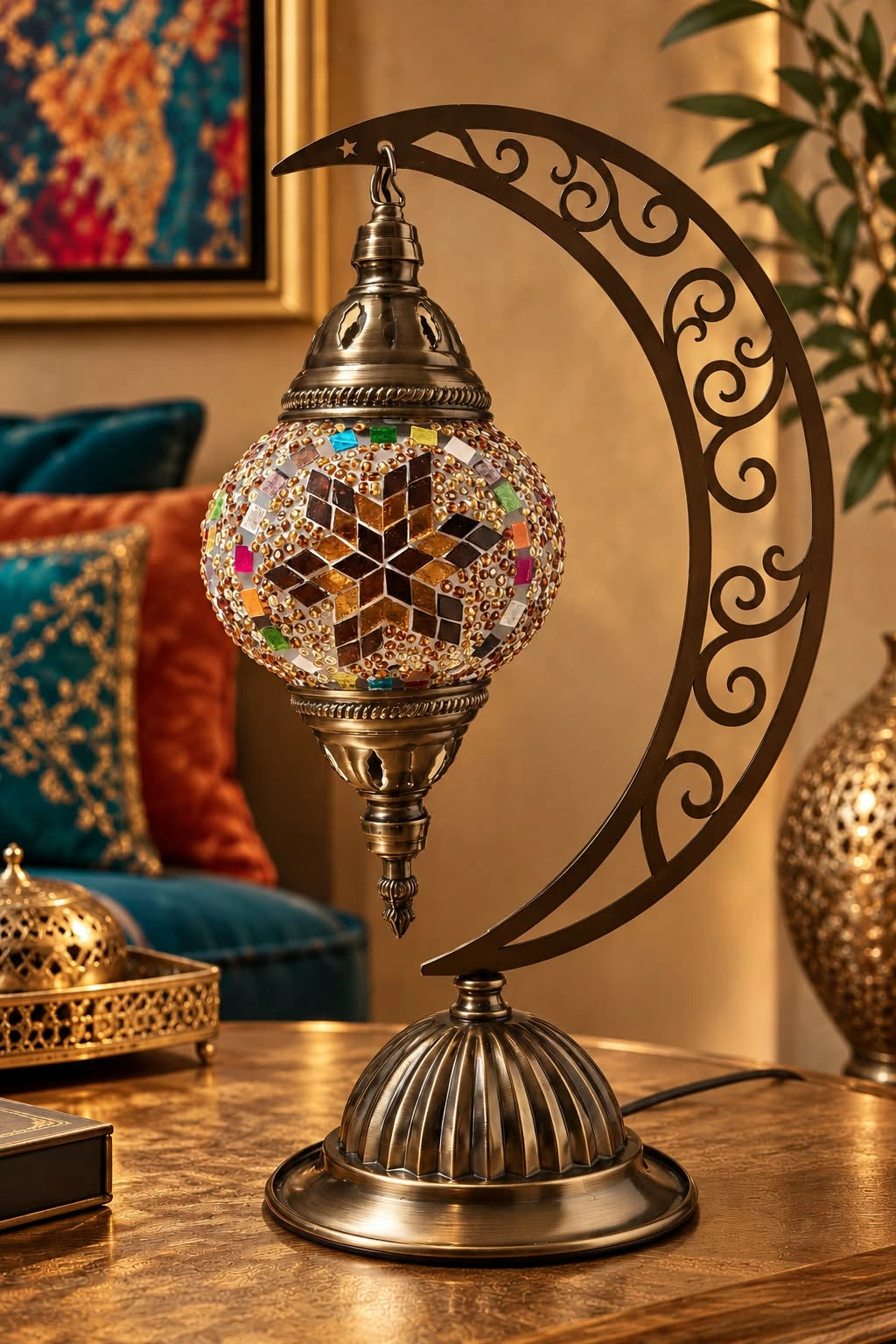 Lampe mosaïque multicolore artisanale allumée avec structure en métal travaillé