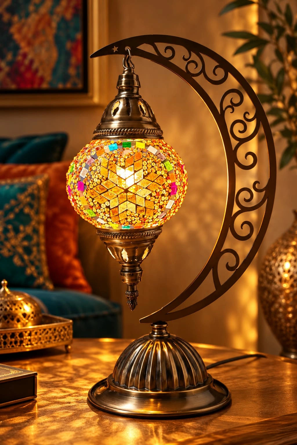 Lampe mosaïque multicolore artisanale allumée dans un intérieur élégant