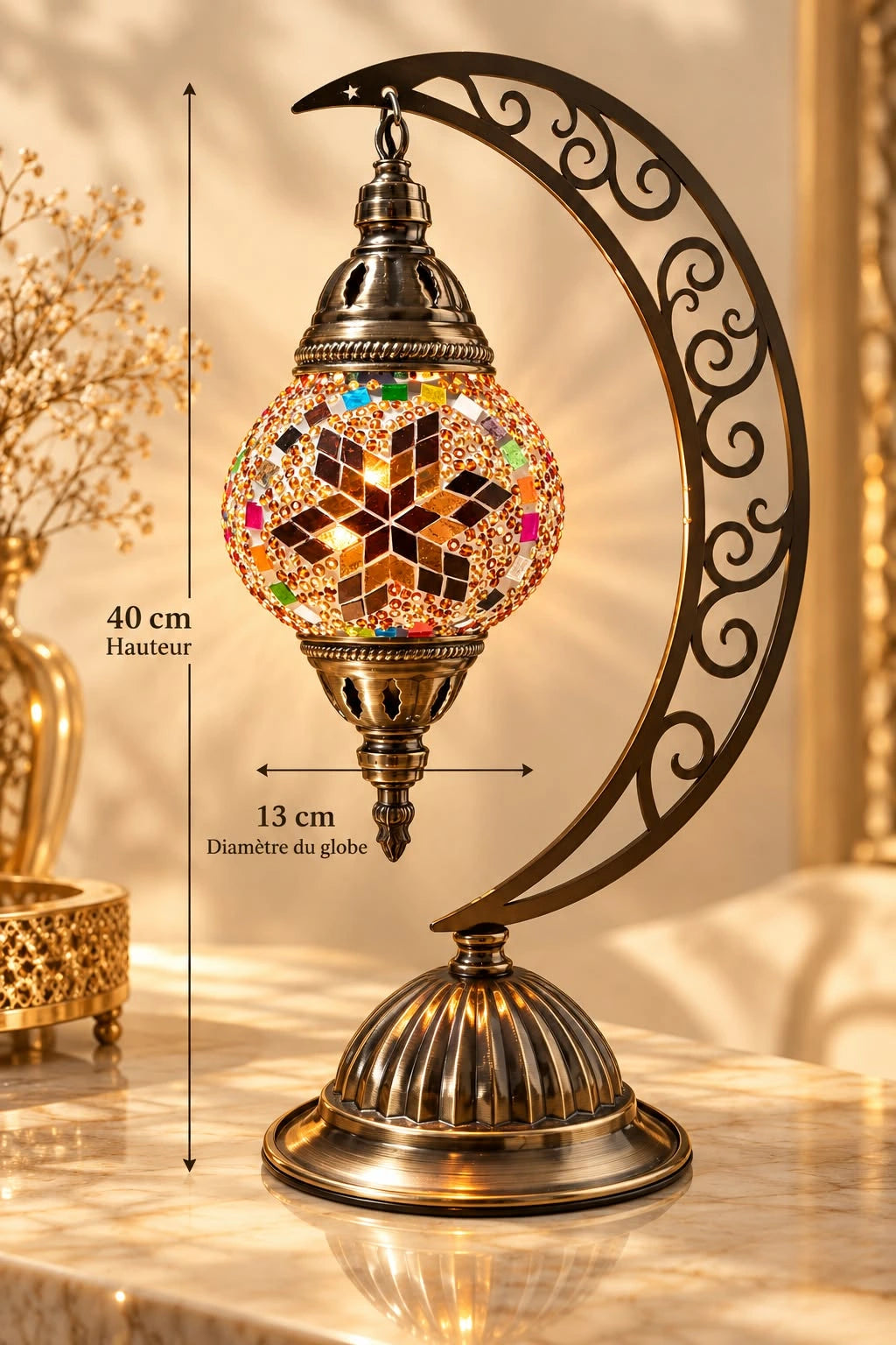 Lampe mosaïque multicolore de 44 cm avec globe en verre et socle décoratif