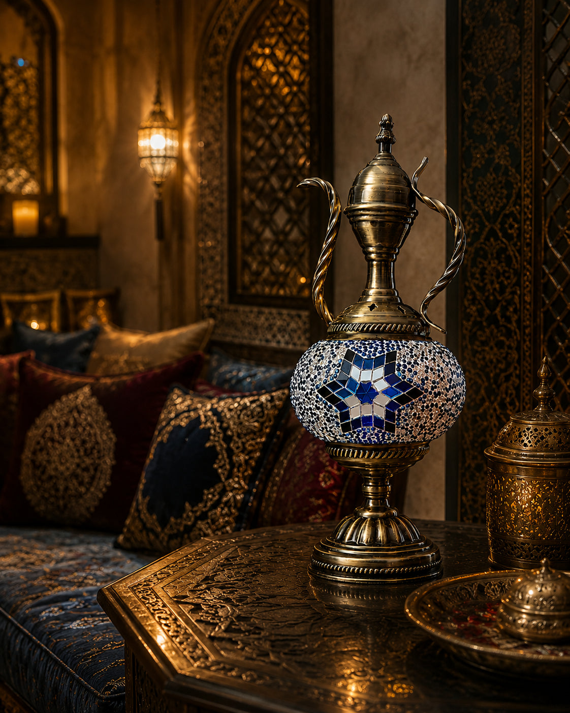 Lampe teapot mosaïque bleue – salon oriental ambiance nuit – Mosaic Dream