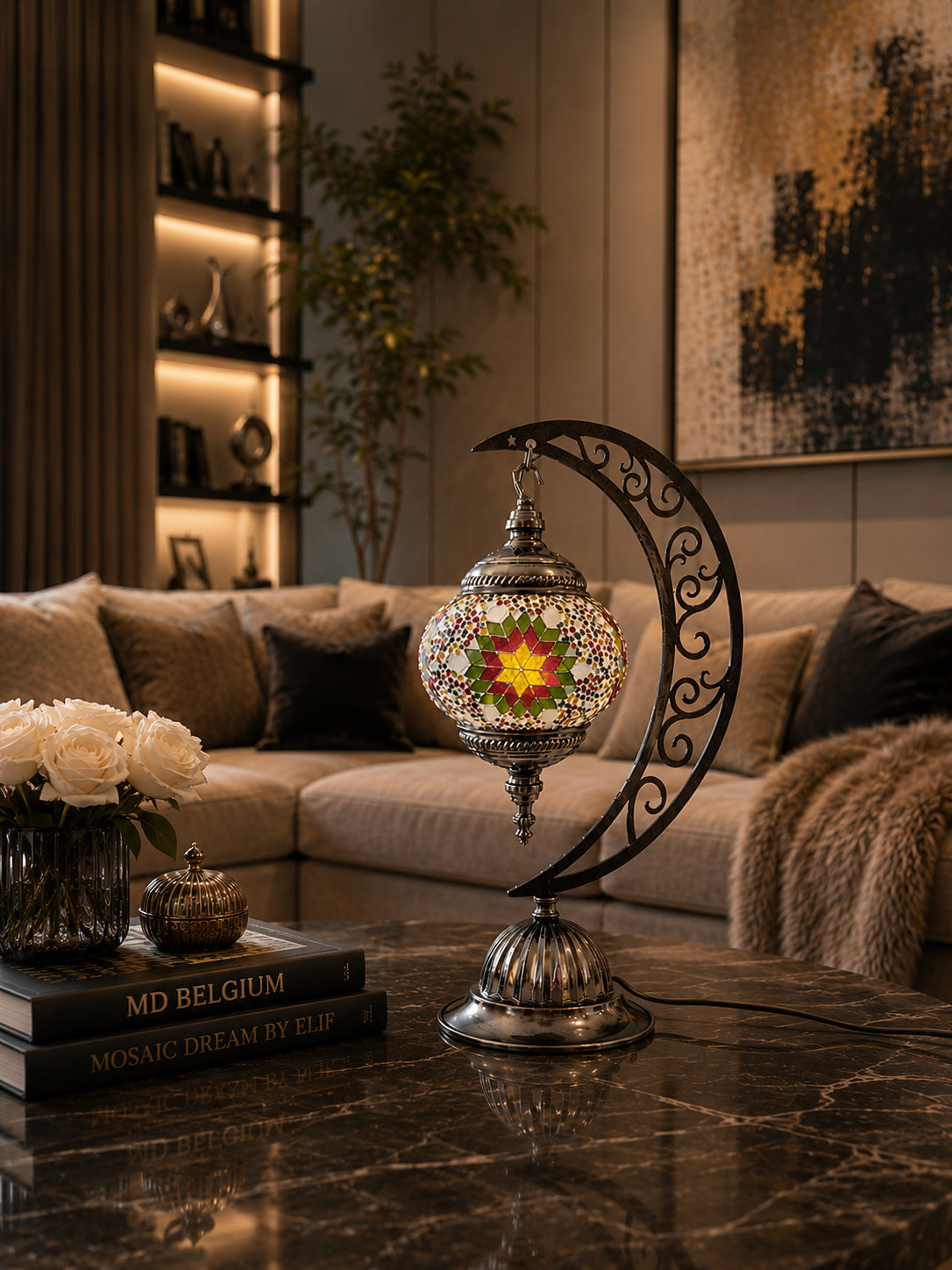 Lampe lune mosaïque couleurs chaudes – salon cosy moderne – Mosaic Dream