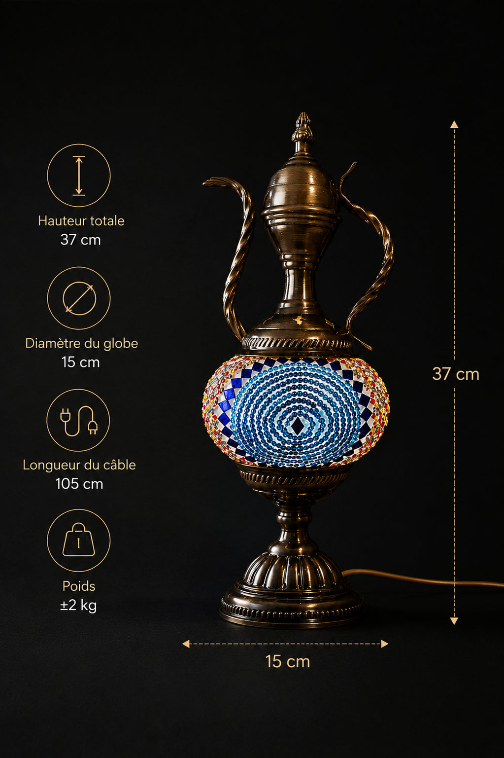 Lampe mosaïque spirale bleue – dimensions et caractéristiques fond noir – Mosaic Dream