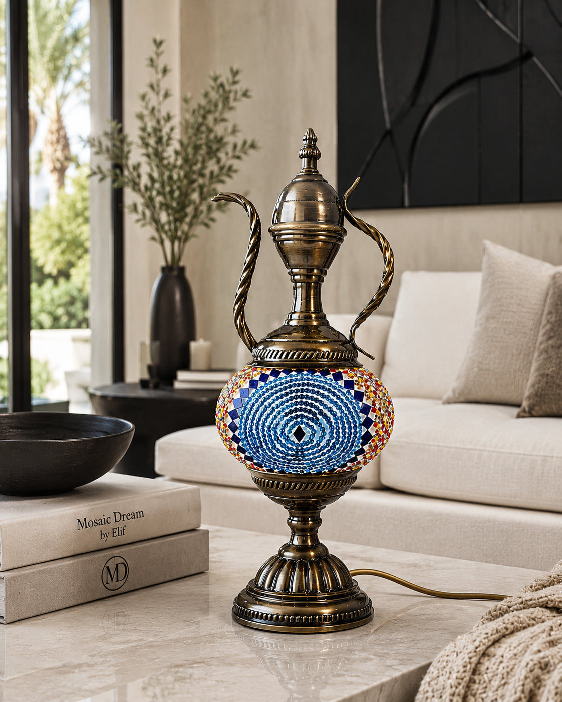 Lampe mosaïque spirale bleue – salon moderne plantes – Mosaic Dream