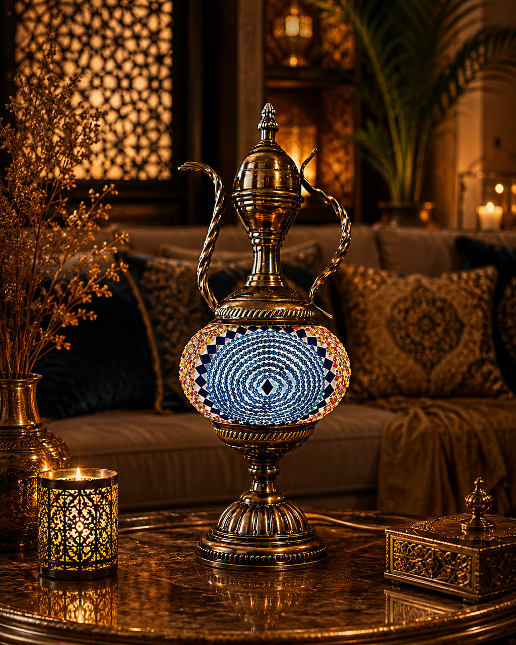 Lampe mosaïque spirale bleue – salon oriental ambiance nuit – Mosaic Dream