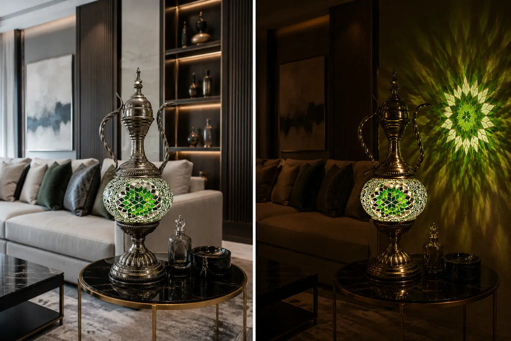Lampe teapot mosaïque verte – salon moderne ambiance lumineuse – Mosaic Dream