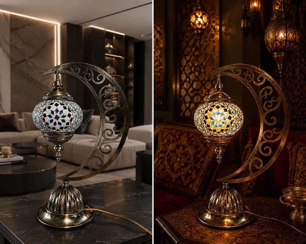 Lampe lune mosaïque mauve et bleue – diptyque salon oriental ambiance nuit – Mosaic Dream