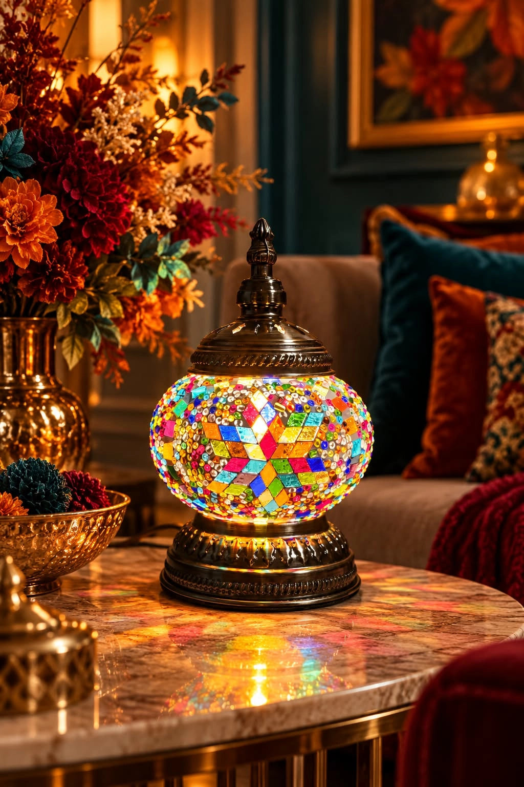 Petite lampe mosaïque multicolore de 22 cm dans un intérieur chaleureux