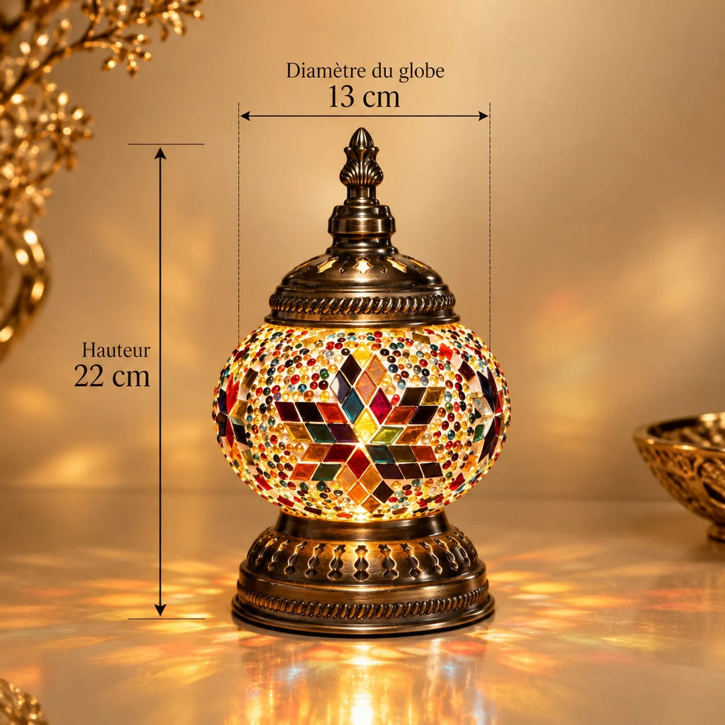 Lampe mosaïque multicolore de 22 cm avec globe de 13 cm et dimensions