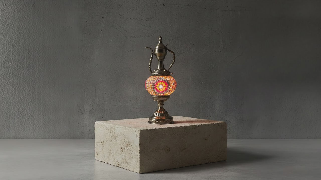 Lampe théière mosaïque allumée – reflets lumineux ambiance orientale