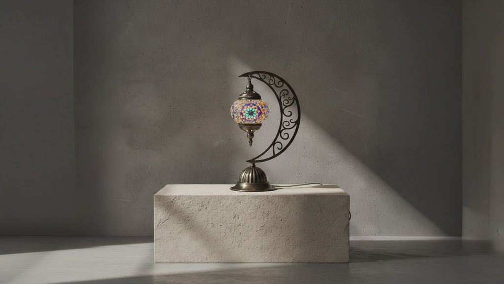 Lampe lune mosaïque mauve et bleue allumée – reflets lumineux ambiance orientale