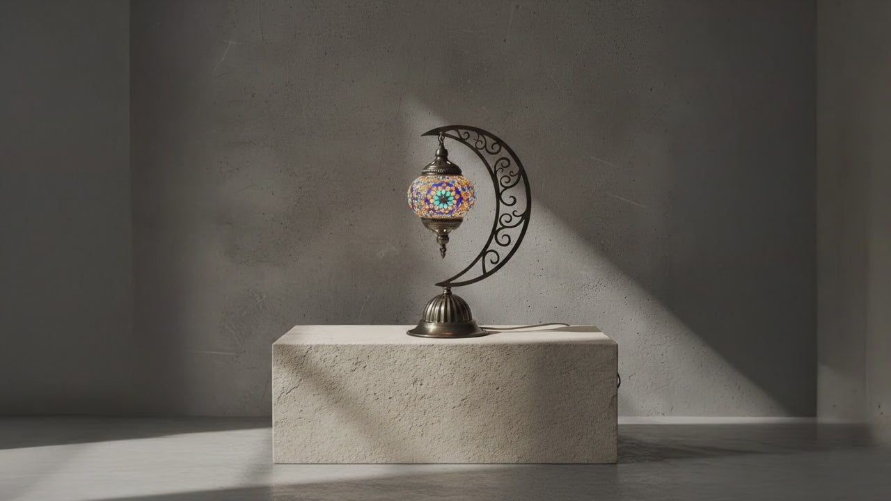 Lampe lune mosaïque mauve et bleue allumée – reflets lumineux ambiance orientale
