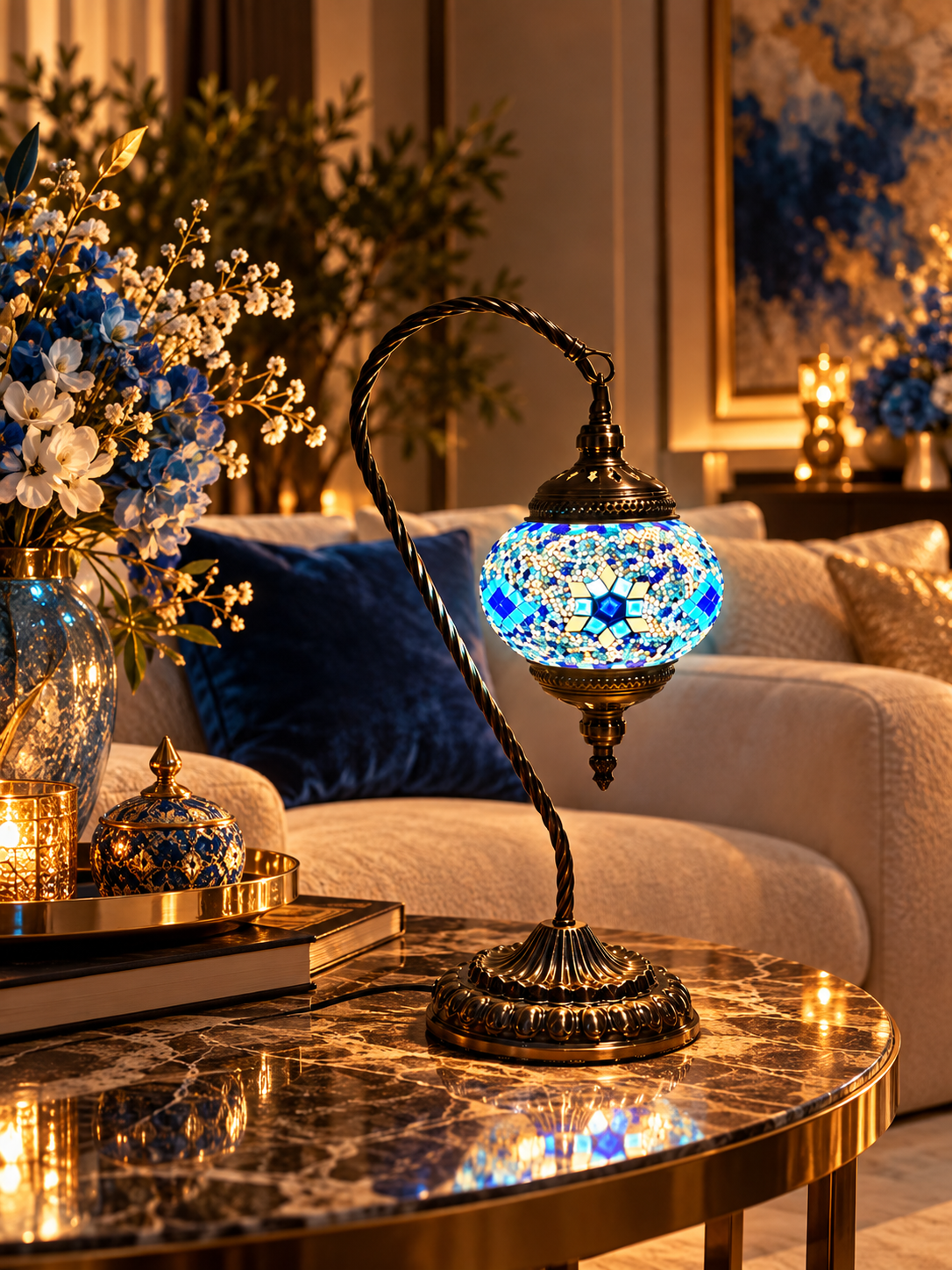 Lampe mosaïque Cygne Bleu artisanale allumée dans un intérieur luxueux