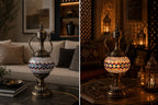 Lampe teapot mosaïque rouge et bleue – diptyque salon moderne et oriental – Mosaic Dream