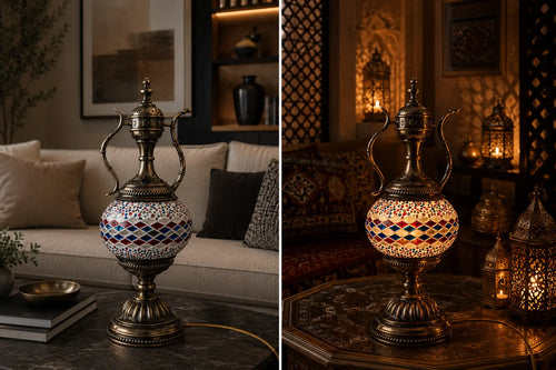 Lampe teapot mosaïque rouge et bleue – diptyque salon moderne et oriental – Mosaic Dream