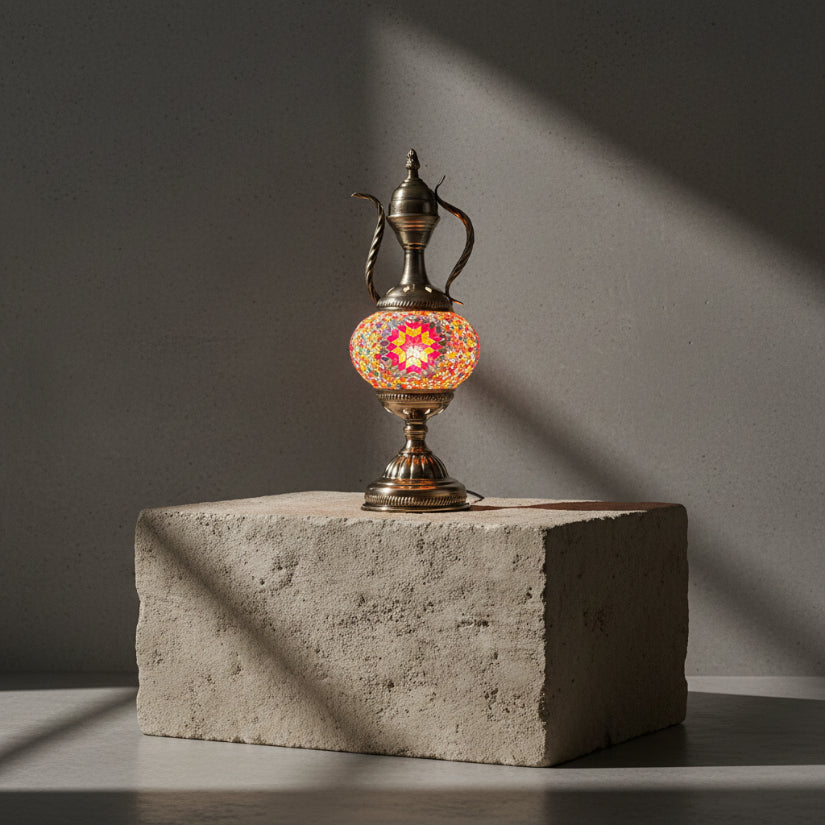 Lampe théière mosaïque allumée – éclairage oriental artisanal fait main Lampe théière mosaïque orange – socle béton fond clair – Mosaic Dream
