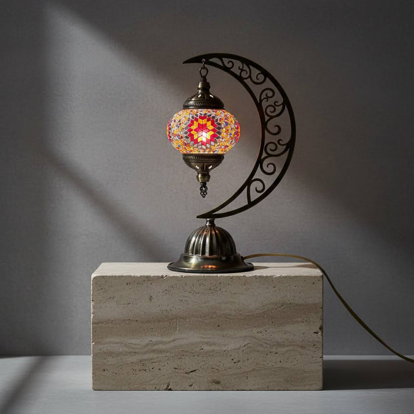Lampe lune mosaïque orange et argenté – détail verre artisanal fait main
